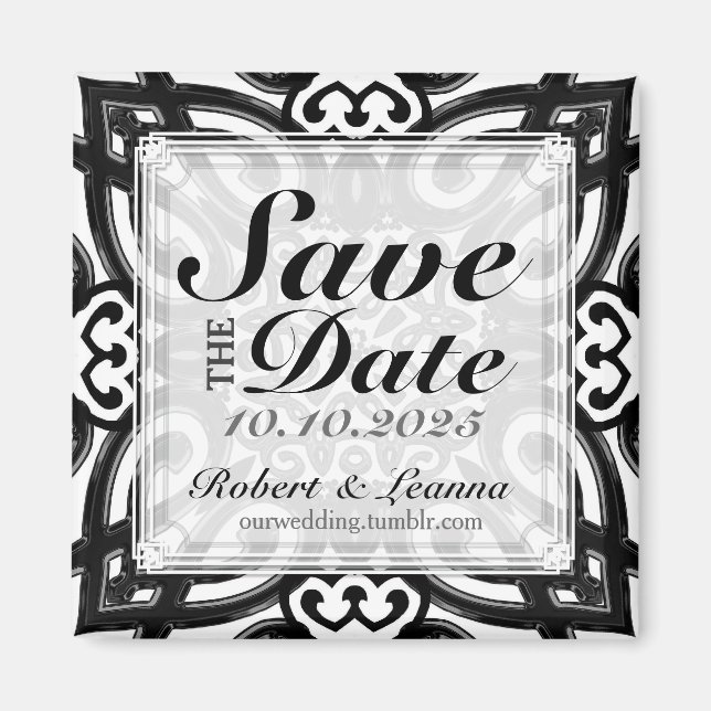 Dekorative Twin Hearts Save the Date Schwarz-weiß Magnet (Vorne)