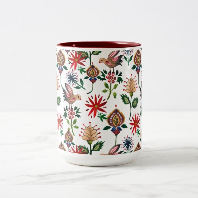 Dekorative ukrainische Blume Zweifarbige Tasse (Mittel)