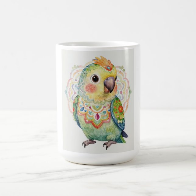 Dekorative Volkskunst-Illustration eines Papageis Kaffeetasse (Mittel)