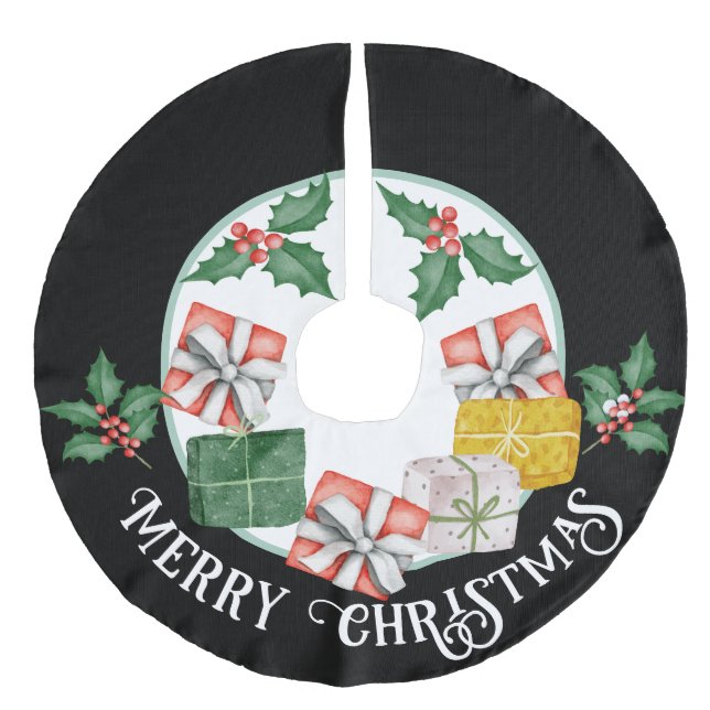 Dekorative Weihnachtskopie mit Geschenken & Holly Leinenimitat Weihnachtsbaumdecke (Vorderseite)