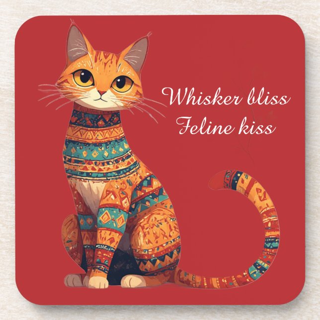 Dekorative Zierkatze mit Blumen Boho Kunst Getränkeuntersetzer (Vorderseite)