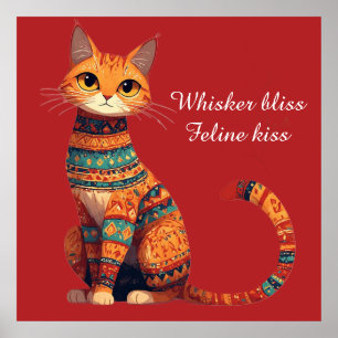 Dekorative Zierkatze mit Blumen Boho Kunst Poster