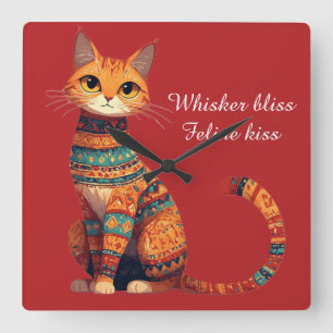 Dekorative Zierkatze mit Blumen Boho-Kunst Quadratische Wanduhr