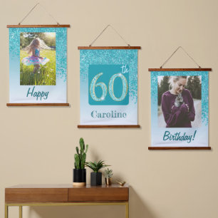 Dekorativer Aquamariner Glitzer 2 Fotos 60. Geburt Wandteppich Mit Holzrahmen