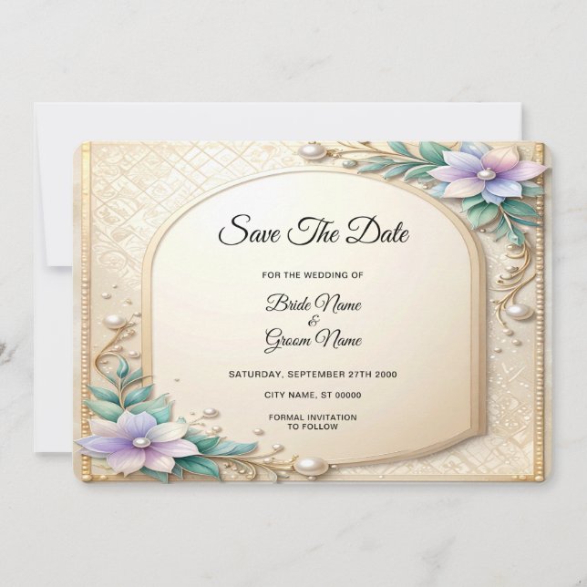 Dekorativer Blumenrahmen mit Perlen Save The Date (Vorderseite)