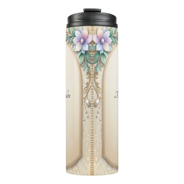 Dekorativer Blumenrahmen mit Perlen Thermosbecher (Vorderseite)