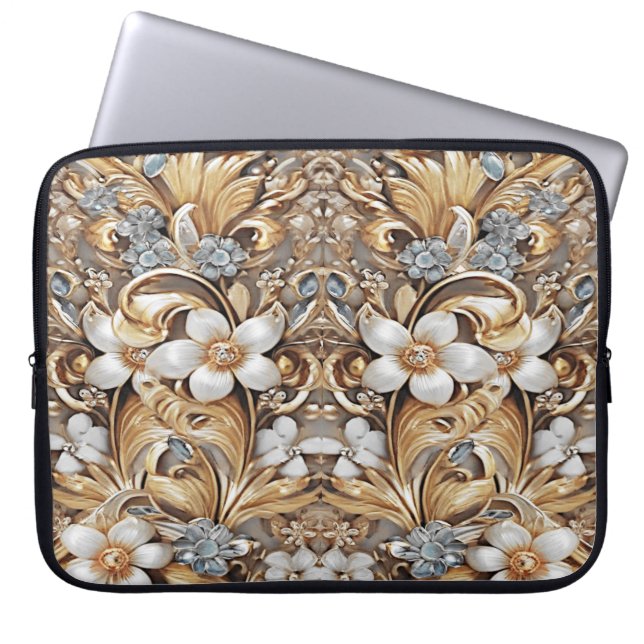 Dekorativer goldweißer, floraler Laptop-Sieb Laptopschutzhülle (Vorderseite)