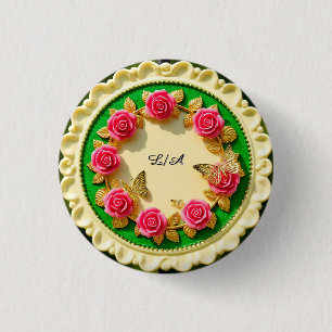 Dekorativer grüner Randteller mit rosa Rose Button