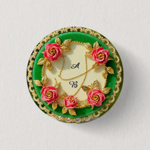 Dekorativer grüner Randteller mit rosa Rose Button