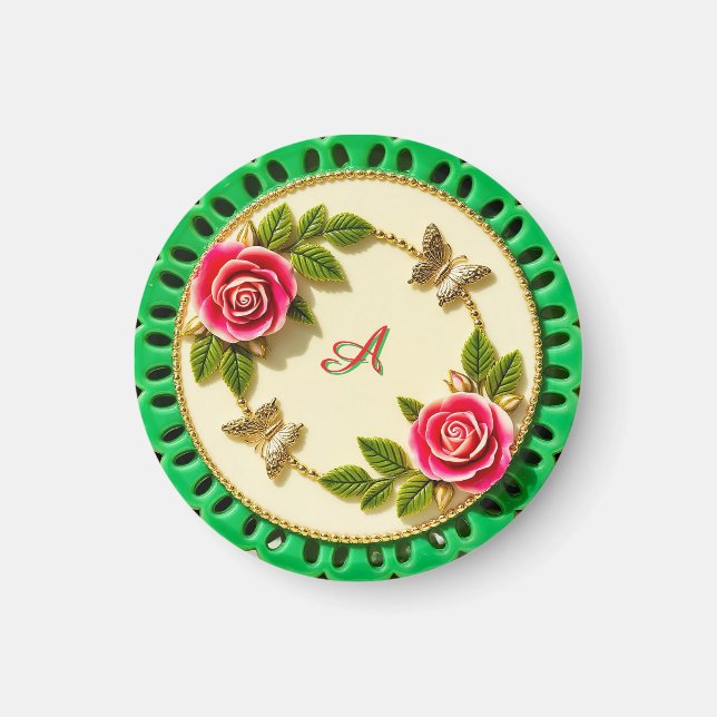 Dekorativer grüner Randteller mit rosa Rose Magnet (Vorne)