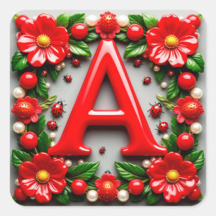 🐞 Dekorativer roter Buchstabe A Marienkäfer Mohn  Quadratischer Aufkleber
