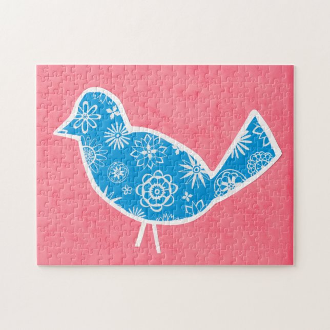 Dekorativer Vogel mit Mustern auf rosa Hintergrund Puzzle (Horizontal)