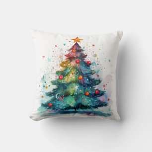 Dekorativer Weihnachts-Wasserfarben-Baum Schwarz Kissen