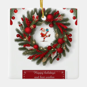 Dekorativer Weihnachtskranz mit roten Ornamenten Keramikornament