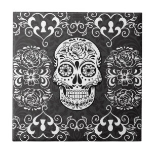 Dekorativer Zucker Skull Schwarz-weiß Gothic Grung Fliese