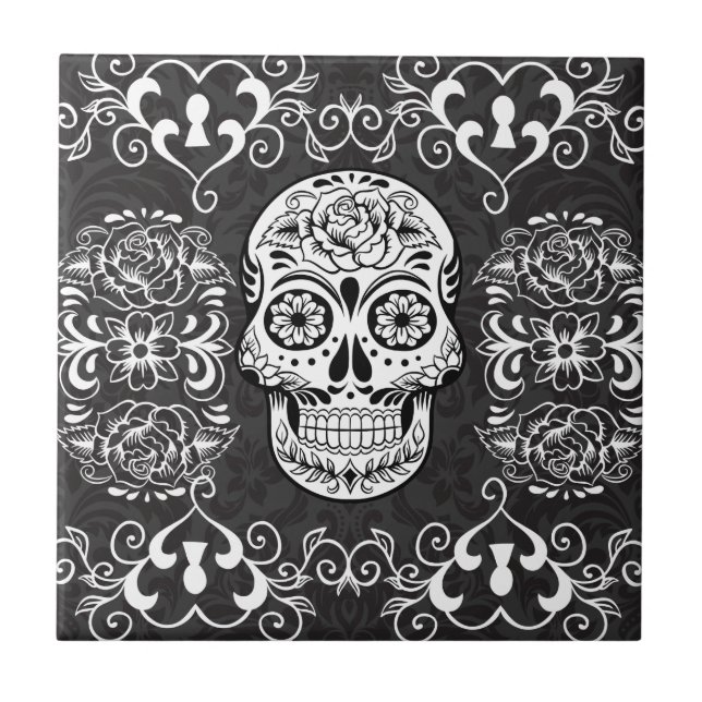 Dekorativer Zucker Skull Schwarz-weiß Gothic Grung Fliese (Vorderseite)