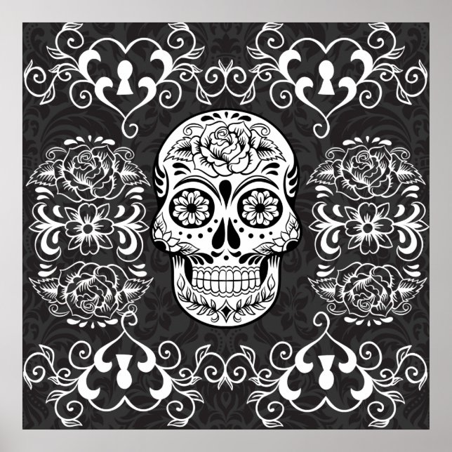 Dekorativer Zucker Skull Schwarz-weiß Gothic Grung Poster (Vorne)