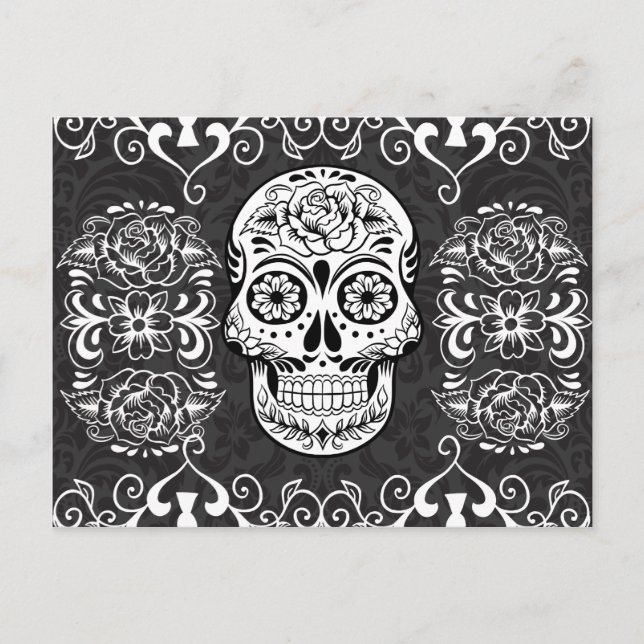 Dekorativer Zucker Skull Schwarz-weiß Gothic Grung Postkarte (Vorderseite)