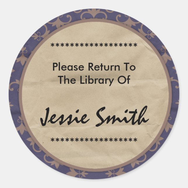 Dekoratives Damask-Muster Name-Buchzeichen Runder Aufkleber (Vorderseite)
