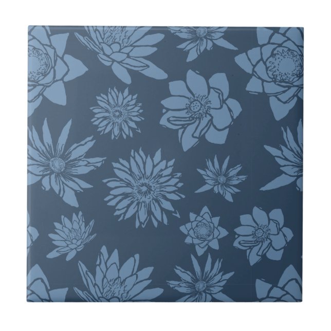 Dekoratives dunkelblaues Blumenmuster Fliese (Vorderseite)