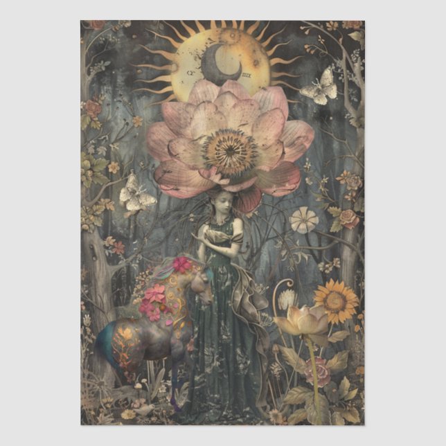 Dekoratives dunkles rustikales Fantasy-Garten-Mädc Seidenpapier (Vorderseite)