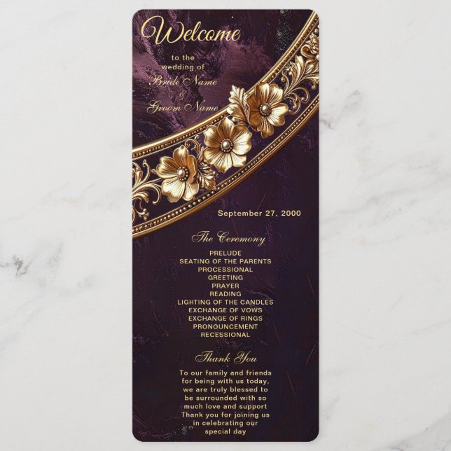 Dekoratives Goldenes Florales Hochzeitsprogramm Programm (Vorderseite)