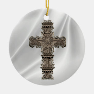 Dekoratives Goldkreuz auf weißer Satin-Verzierung Keramik Ornament
