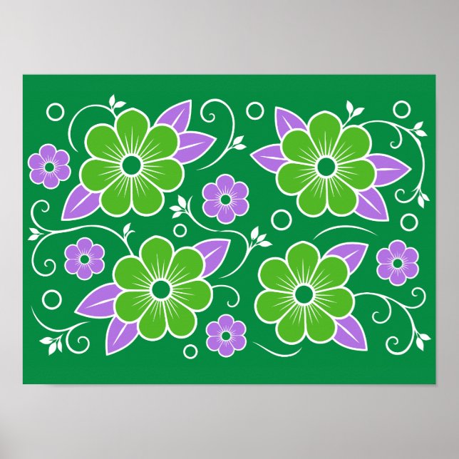 Dekoratives grünes und violettes Blumenmuster Poster (Vorne)