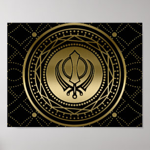 Dekoratives Khanda-Symbol Gold auf schwarz Poster