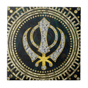 Dekoratives Khanda Symbol mit Edelsteinen u. Gold Fliese