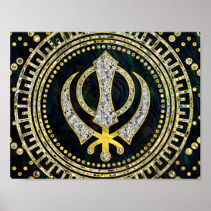 Dekoratives Khanda-Symbol mit Edelsteinen und Gold Poster