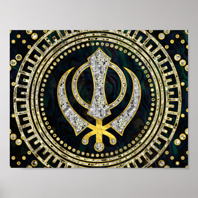 Dekoratives Khanda-Symbol mit Edelsteinen und Gold Poster (Vorne)
