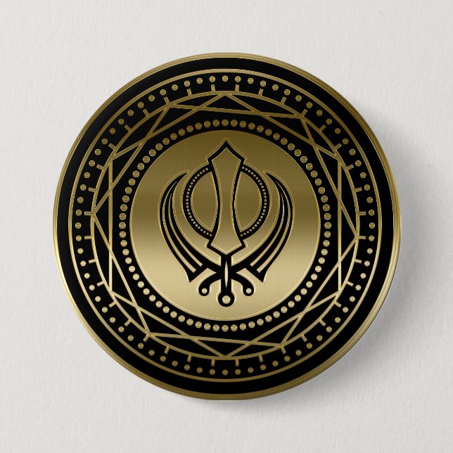 Dekoratives Khanda Symbolgold auf Schwarzem Button (Vorderseite)