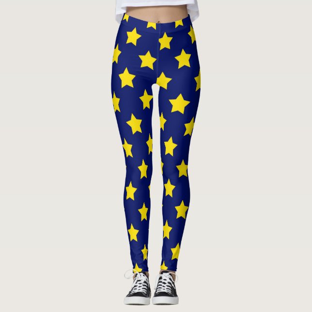 Dekoratives Muster aus blaugelben Sternen Leggings (Vorderseite)