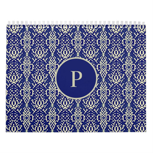 Dekoratives Navy Blue Damask Muster Kalender (Titelbild)