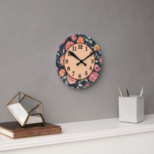 Dekoratives orange und rosa Blumendesign Runde Wanduhr