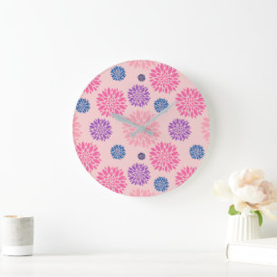 Dekoratives rosa lila und blaues Blumenmuster Große Wanduhr