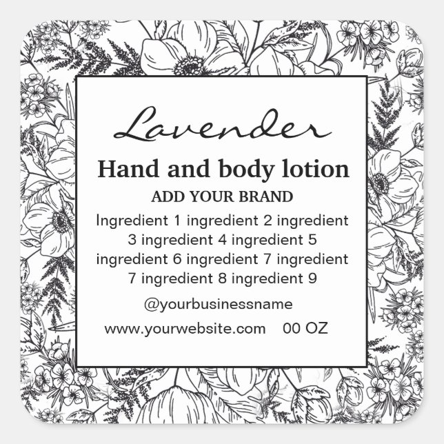 Dekorfarbenes, weißes Etikett mit Blumenrahmen Quadratischer Aufkleber (Vorderseite)