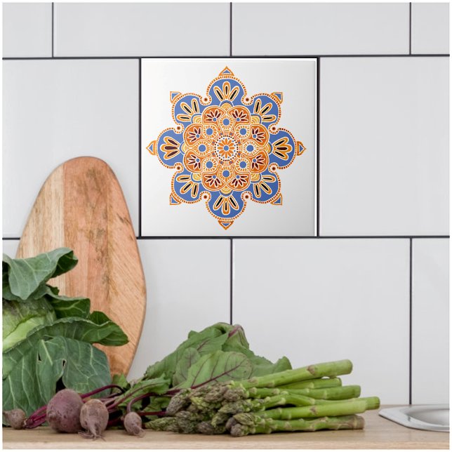 Dekorfliesen Medallion orange und blau Fliese (Blue and orange medallion tile for kitchen bath or fireplace.)