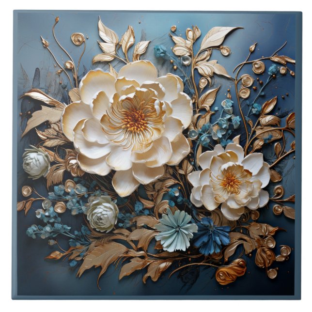 Dekorgold und aquamarin blaues Blumendesign Fliese (Vorderseite)