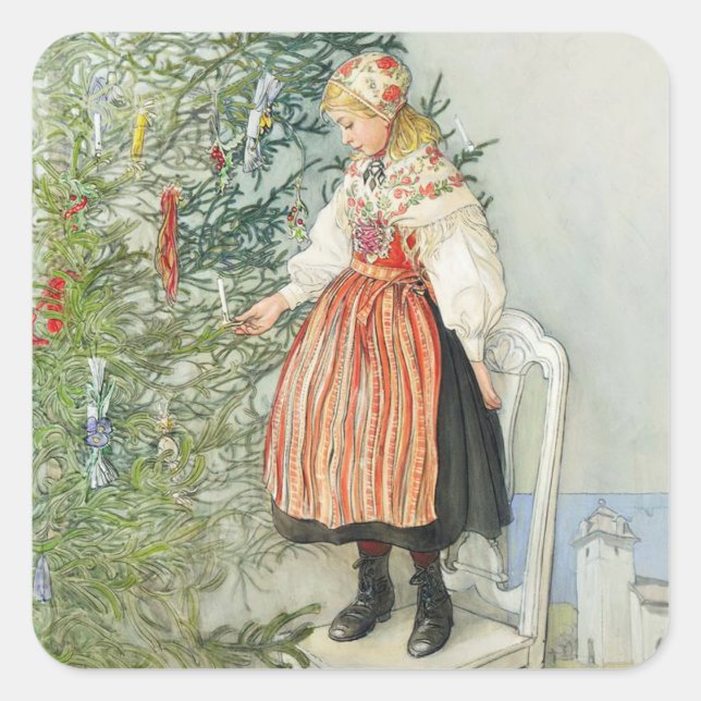 Dekorieren des Weihnachtsbaumes - Carl Larsson Quadratischer Aufkleber (Vorderseite)