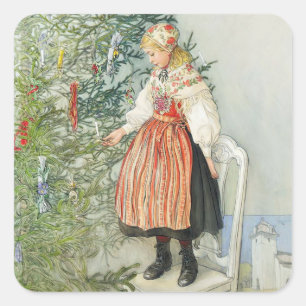 Dekorieren des Weihnachtsbaumes - Carl Larsson Quadratischer Aufkleber