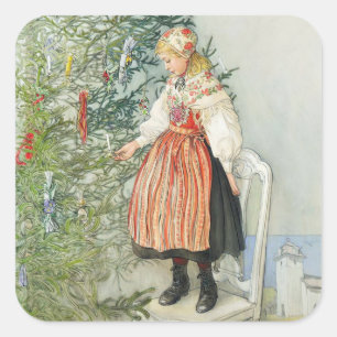 Dekorieren des Weihnachtsbaumes - Carl Larsson Quadratischer Aufkleber