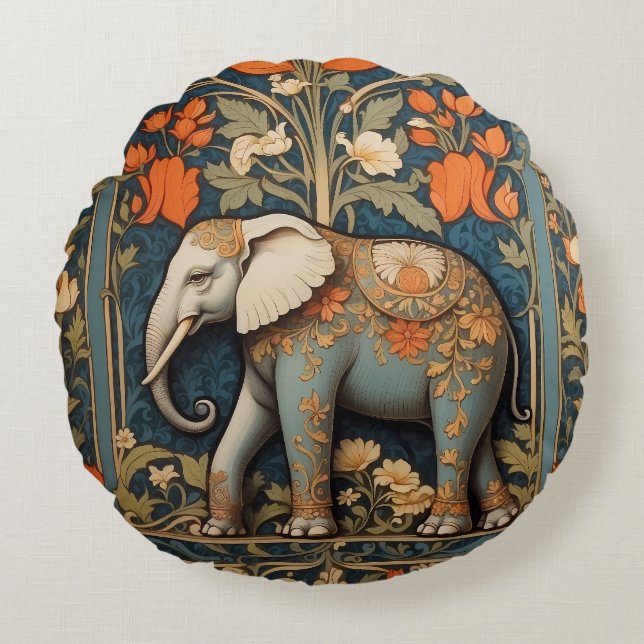 Dekorierte Elephant William Morris Inspirierte flo Rundes Kissen (Vorderseite)