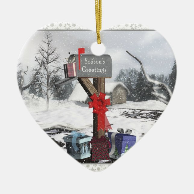 Dekorierte Mailbox Geschenke Schneeszene Herz Orna Keramik Ornament (Vorne)