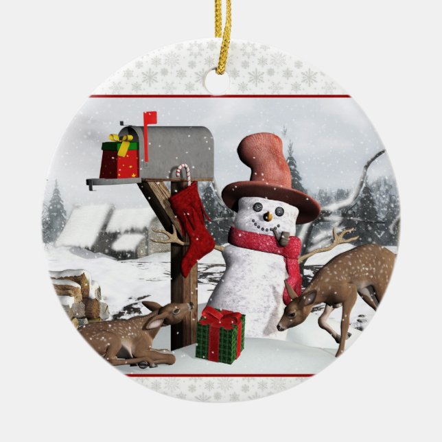 Dekorierte Mailbox Snowman Deer and Gifts Ornament (Vorne)