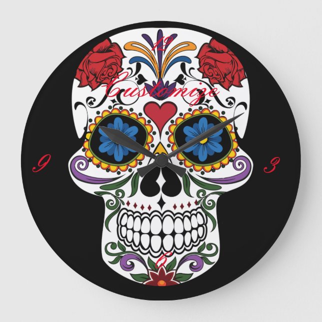 Dekorierte menschliche Schädelkunst Thunder_Cove Große Wanduhr (Vorderseite)