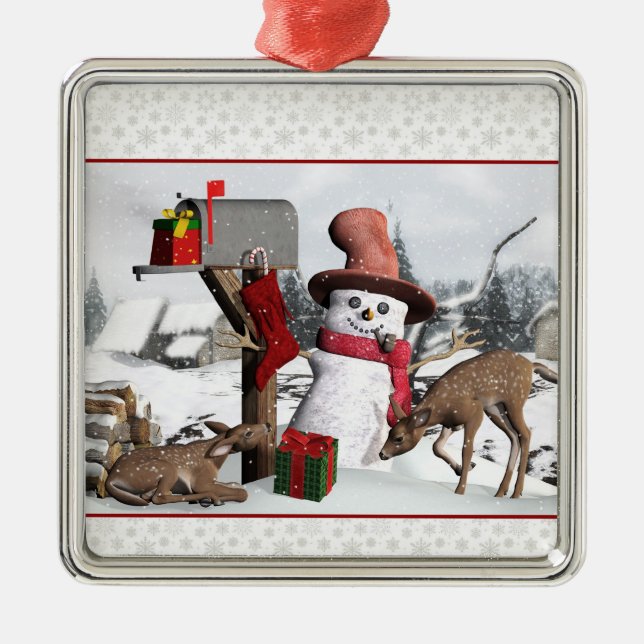 Dekorierte Postbox Snowman Deer Silver Ornament (Vorne)