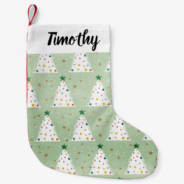 Dekorierte weiße Weihnachtsbaumen Grüner Stern & O Kleiner Weihnachtsstrumpf (Vorderseite)
