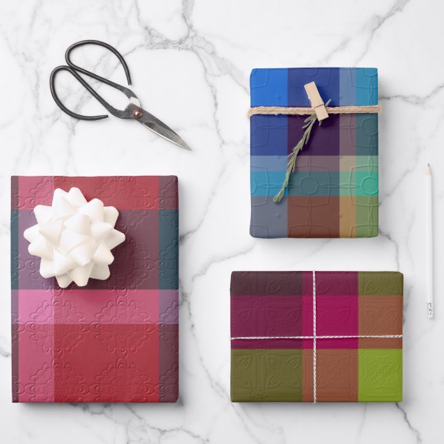 Dekoriertes Karomuster Geschenkpapier Set (Vorderseite)